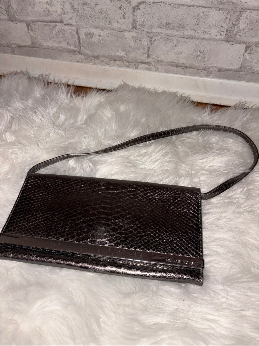 Michael Kors Metallic Brown Snake-Embossed Crossbody Clutch with Silver Trim